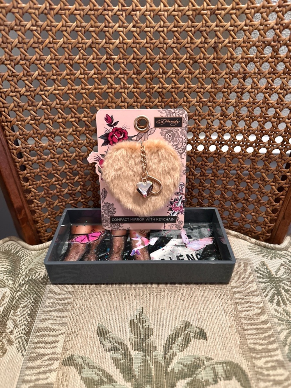 Ed Hardy Fuzzy Faux Fur Heart Compact Mirror Keychain with Gold Charms NWT